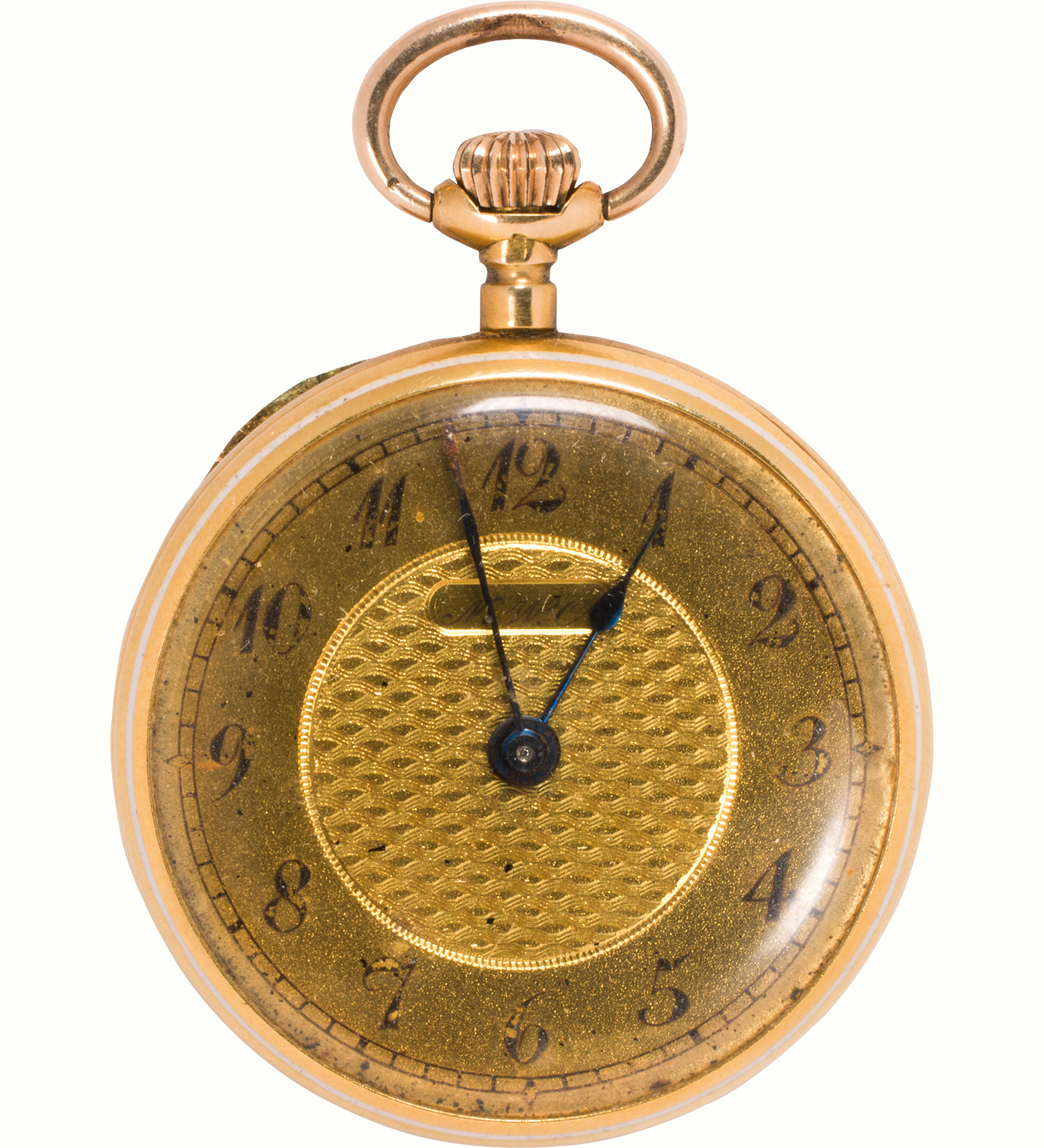 A Victorian guilloche enamel, diamond, and 18k bi-color gold pocket watch. Estimate: $1,000–$2,000