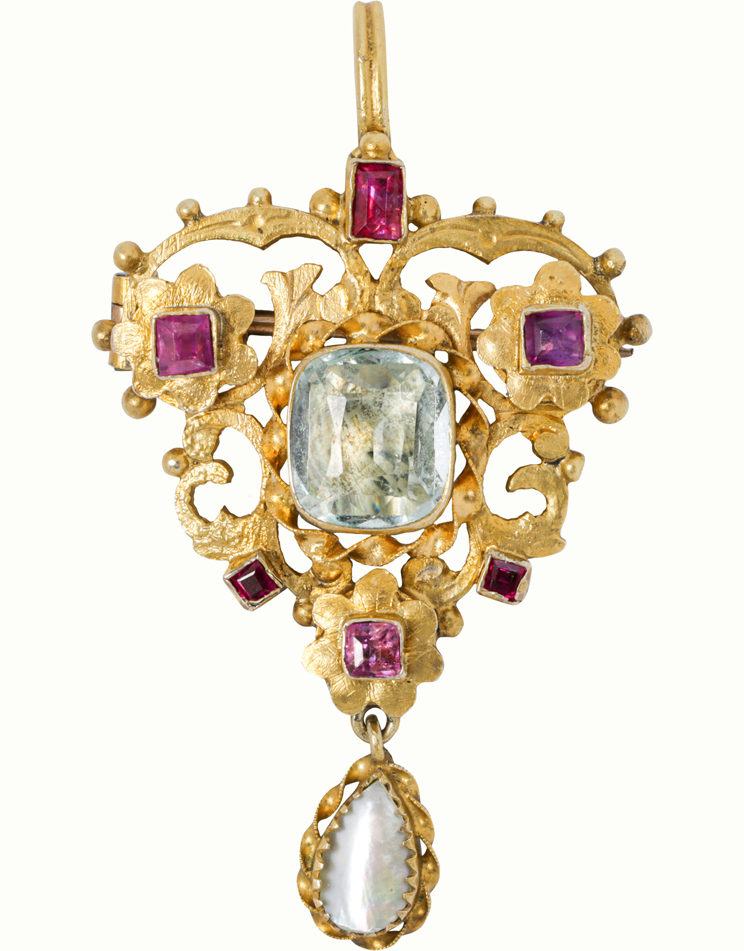 An antique quartz, ruby, mother-of-pearl and 14k gold pendant-brooch. Estimate: $500–$700
