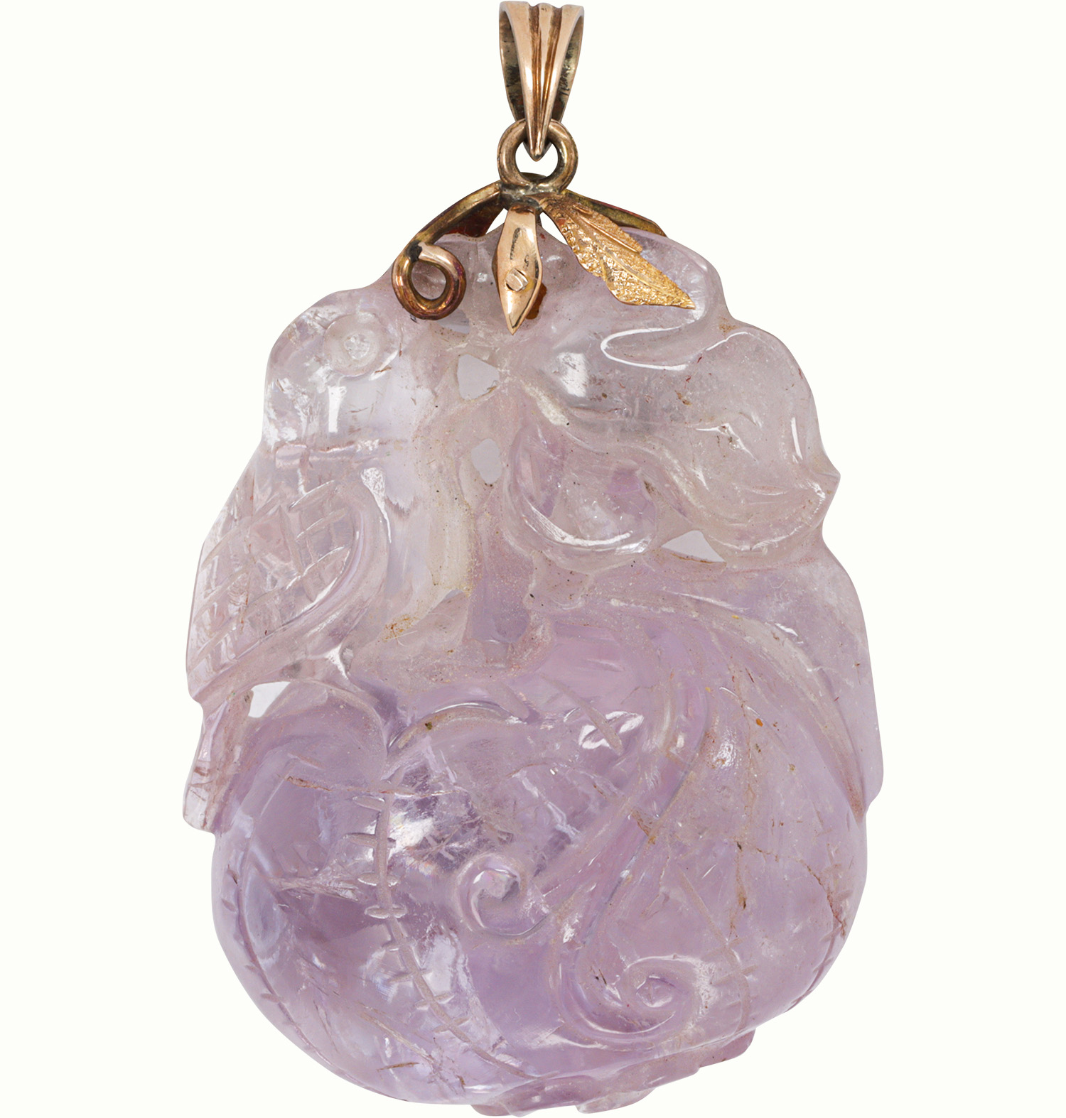 An amethyst and 14k gold pendant. Estimate: $250–$350