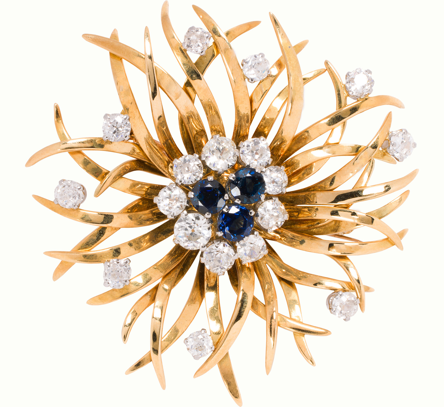 A diamond, sapphire and 18k gold brooch. Estimate: $3,500–$5,500