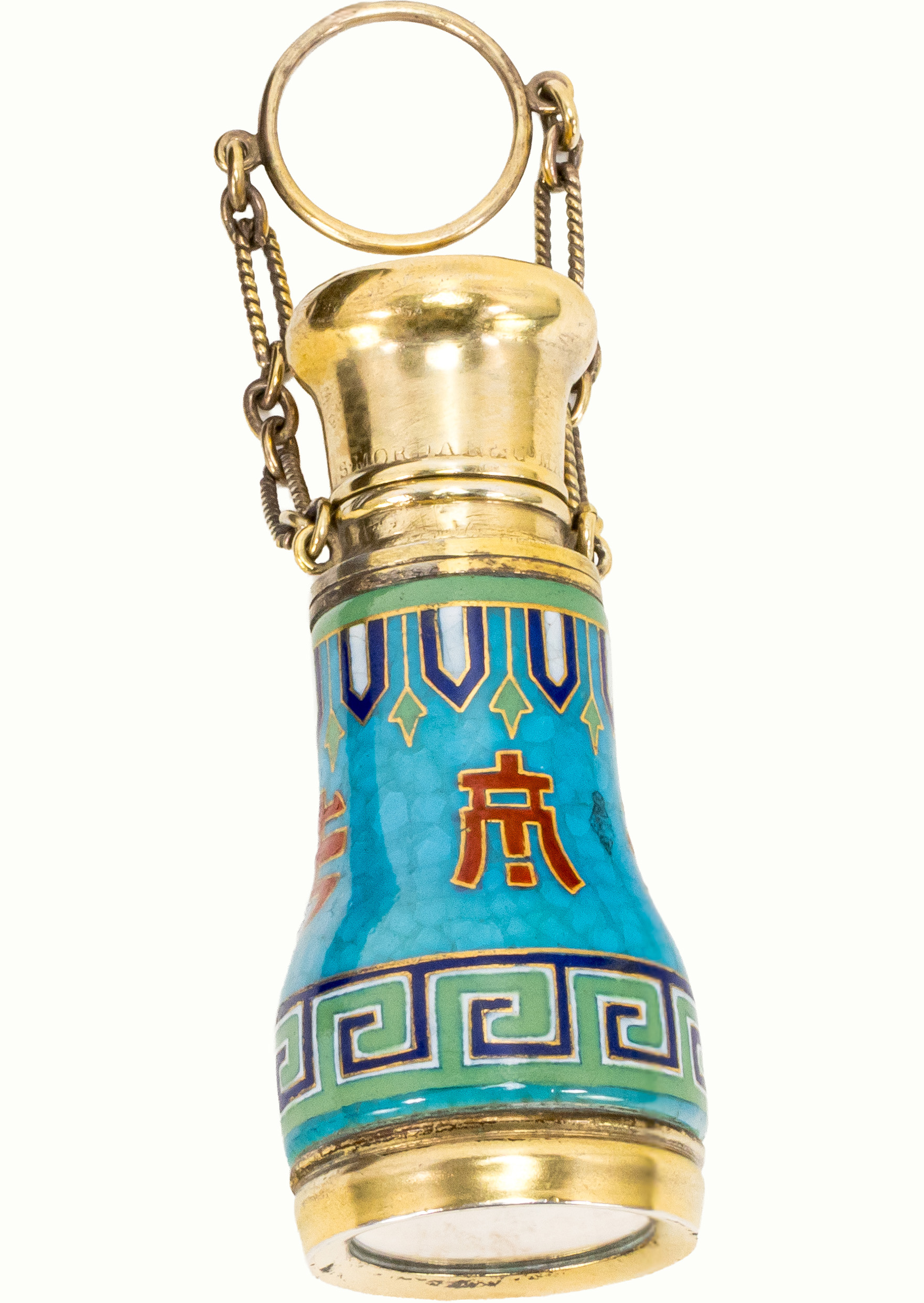 An Aestheic Movement enameled gilt metal scent bottle with flirting mirror, Sampson Mordan & Co, circa 1880. Estimate: $200–$300