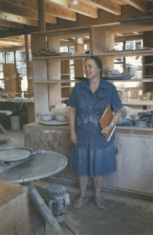 Viola Frey in the new pot shop at the California College of Arts and Crafts, Oakland, California, c. 1974. Photo Courtesy of the Artists&rsquo; Legacy Foundation