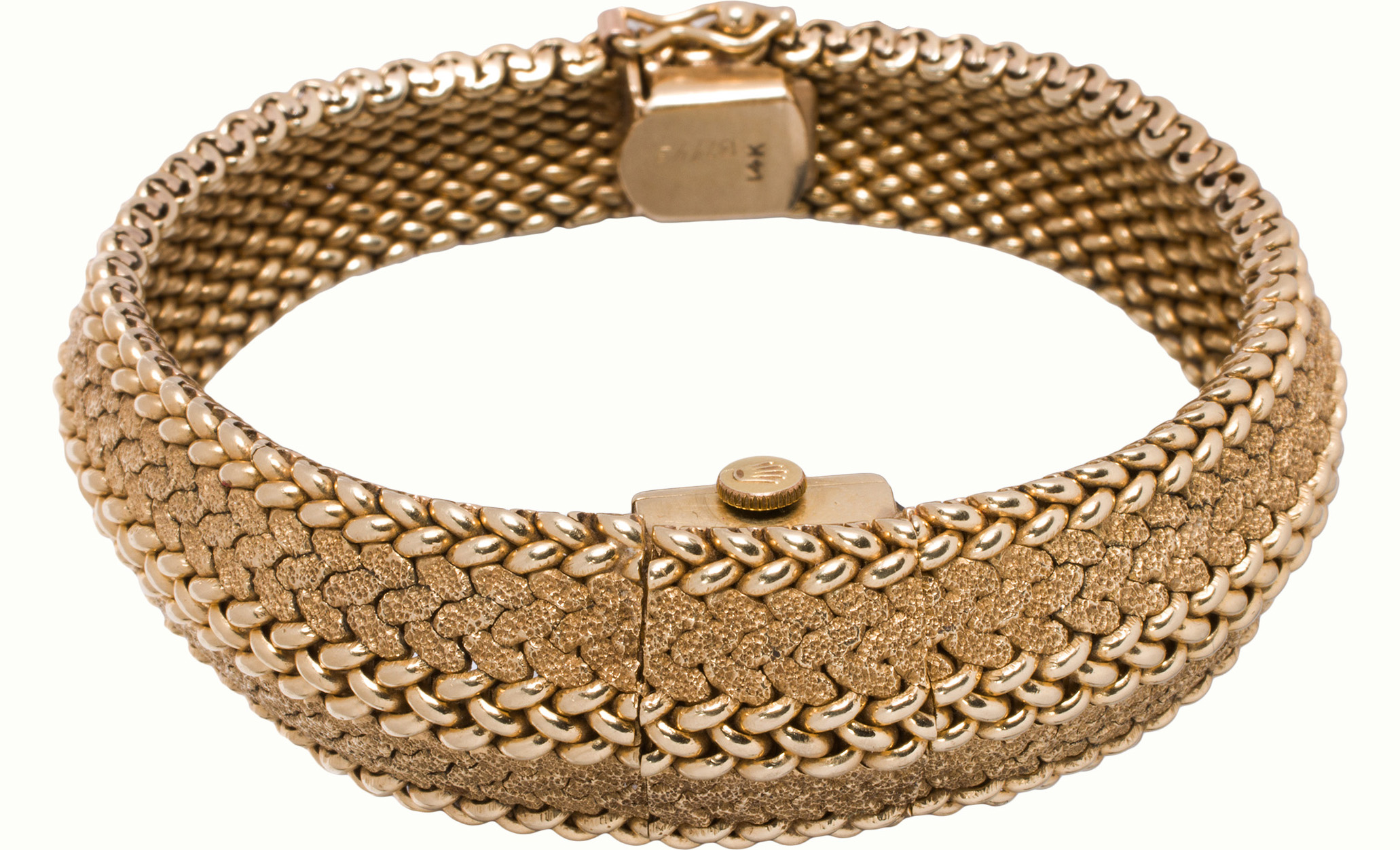 A Rolex 14k gold hidden watch bracelet. Estimate: $4,000–$6,000