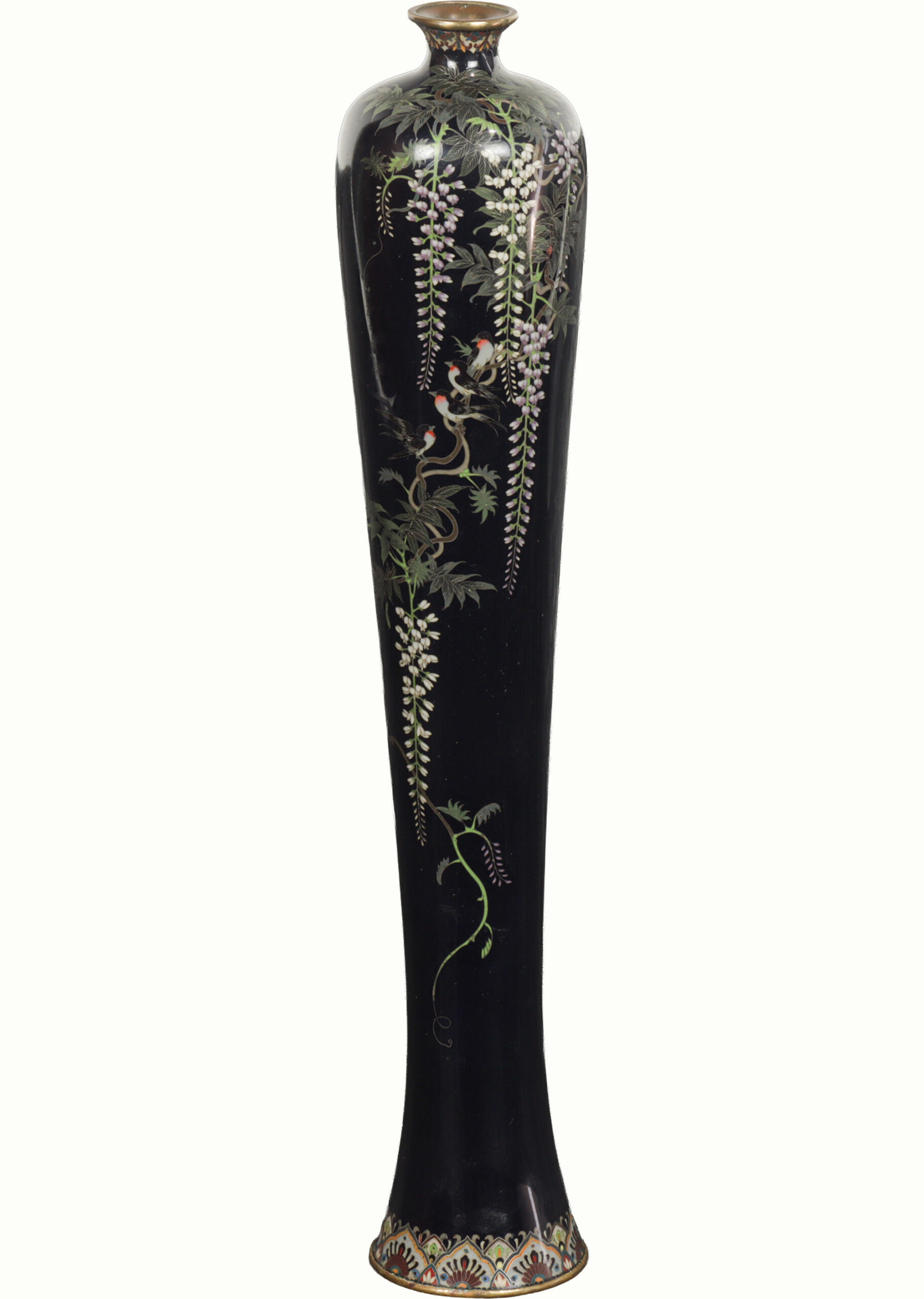 A Japanese cloisonné enamel wisteria vase attributed to Hiyashi Kodenji. Estimate: $1,500–$2,500