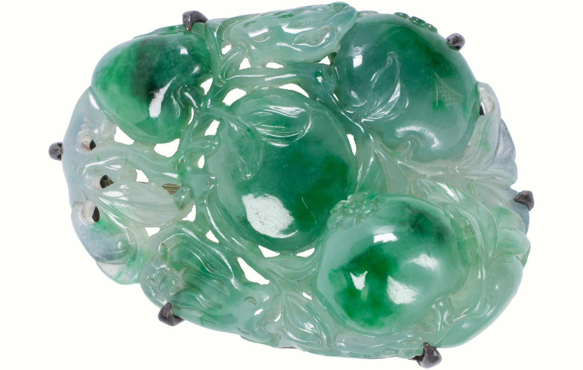 A Chinese green jadeite ‘three abundance’ pendant. Estimate: $15,000–$20,000