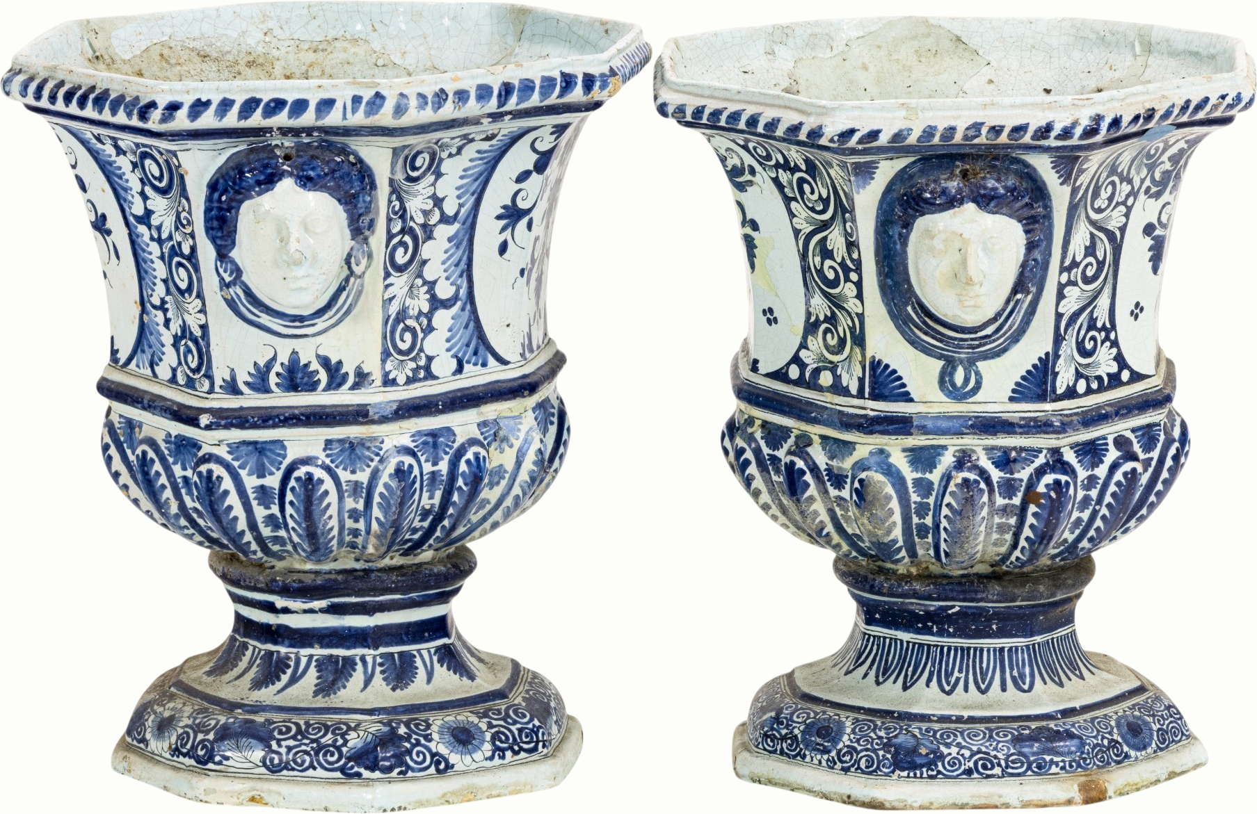 A pair of French faience or Delft blue and white orangerie urns. Provenance: The Collection of Adolphus Andrews Jr. and Emily Taylor Andrews, San Francisco. Estimate: $600–$800