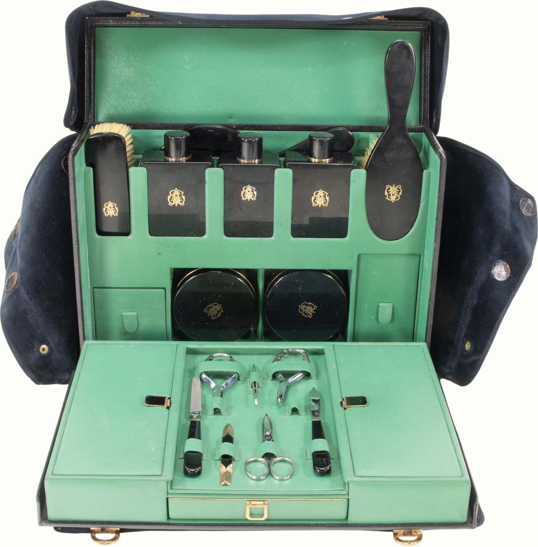 An S.T. Dupont leather and ‘Lacque de Chine’ lacquer dressing case. <br><b>Provenance:</b> The Collection of Adolphus Andrews Jr. and Emily Taylor Andrews, <nobr>San Francisco.</nobr> <br><b>Estimate: $500–$700</b>