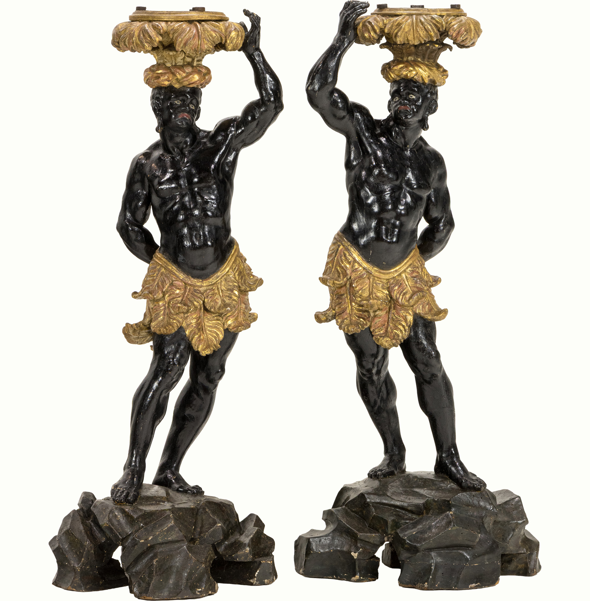 A pair of Italian polychrome figural pedestals. <br><b>Provenance:</b> The Collection of Adolphus Andrews Jr. and Emily Taylor Andrews, <nobr>San Francisco.</nobr> <br><b>Estimate: $1,000–$1,500</b>