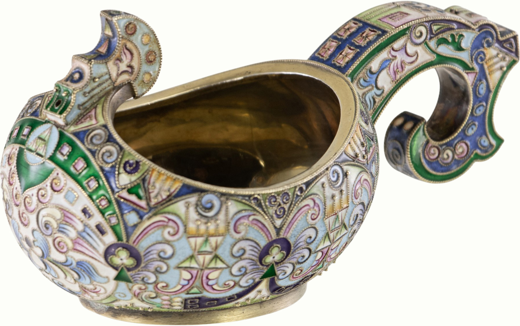 A Russian 84 standard silver gilt and cloisonné enamel miniature kovsch, Feodor Rückert. Estimate: $1,500–$2,000