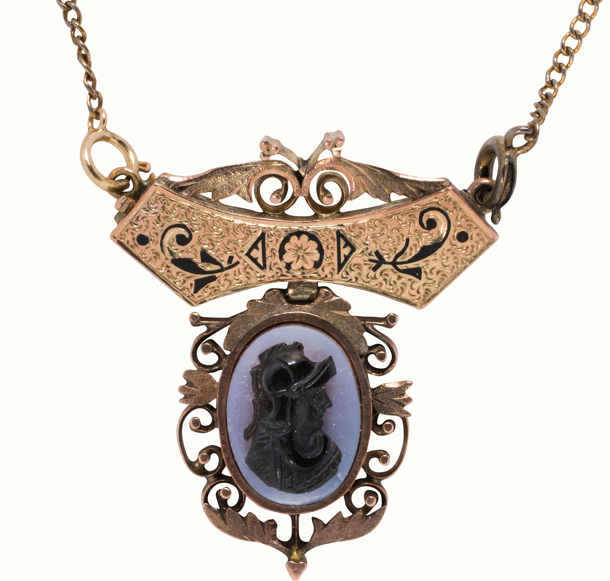 A Victorian hardstone and 14k gold cameo necklace. <br><b>Estimate: $400–$600</b>