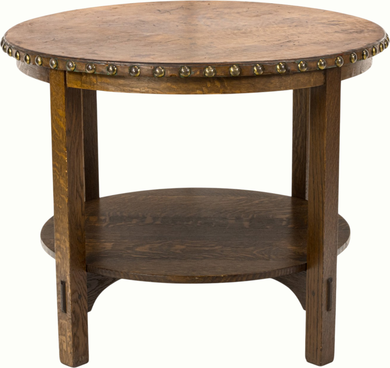 An Arts and Crafts Gustav Stickley leather-top lamp table. Provenance: Isak Lindenauer, San Francisco Estimate: $1,500–$2,500