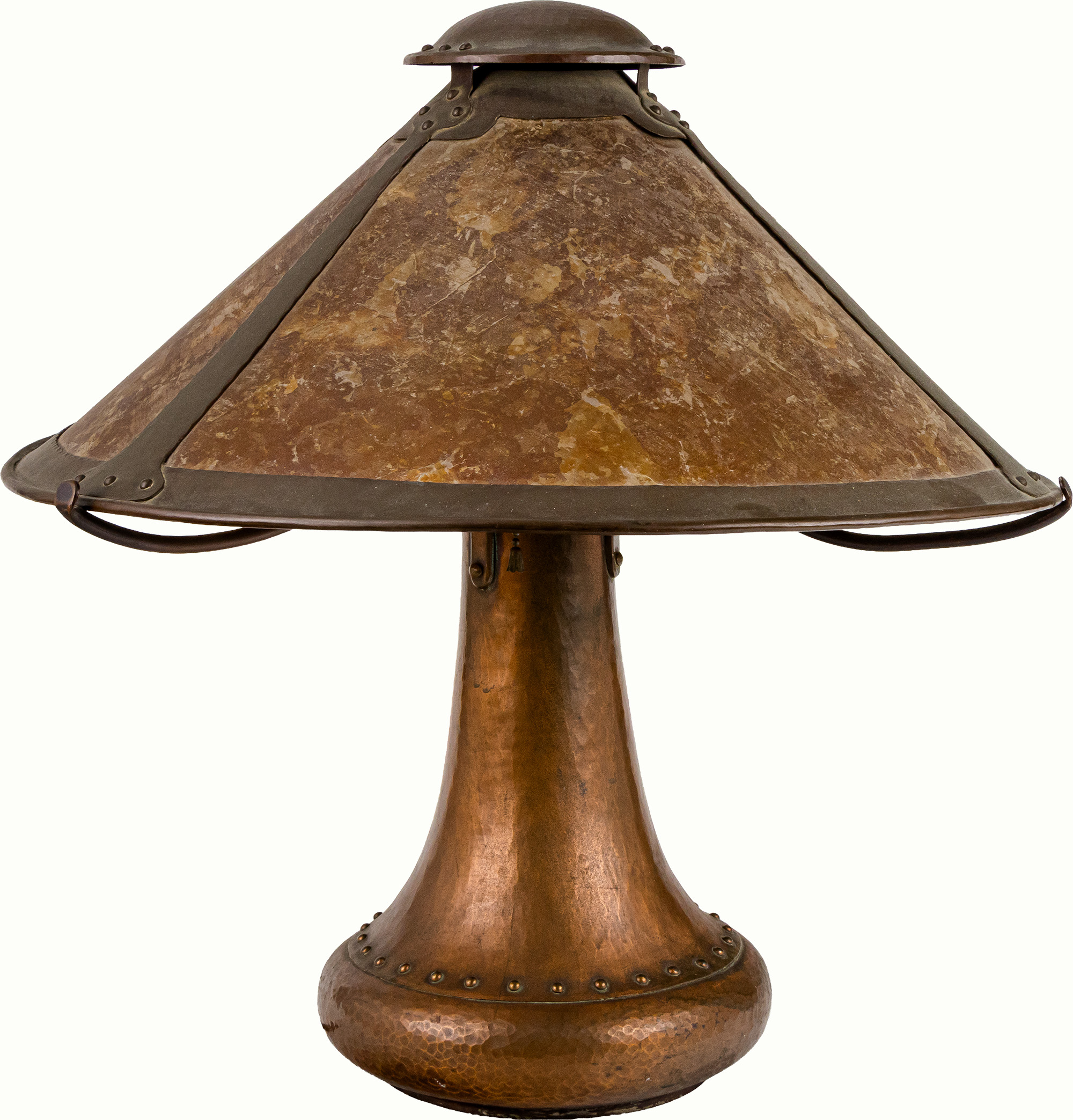 A Dirk Van Erp hammered copper and mica rivet base table lamp, with vented shade, original mica, and closed box mark with ghost of D&rsquo;Arcy Gaw. Estimate: $8,000–$10,000