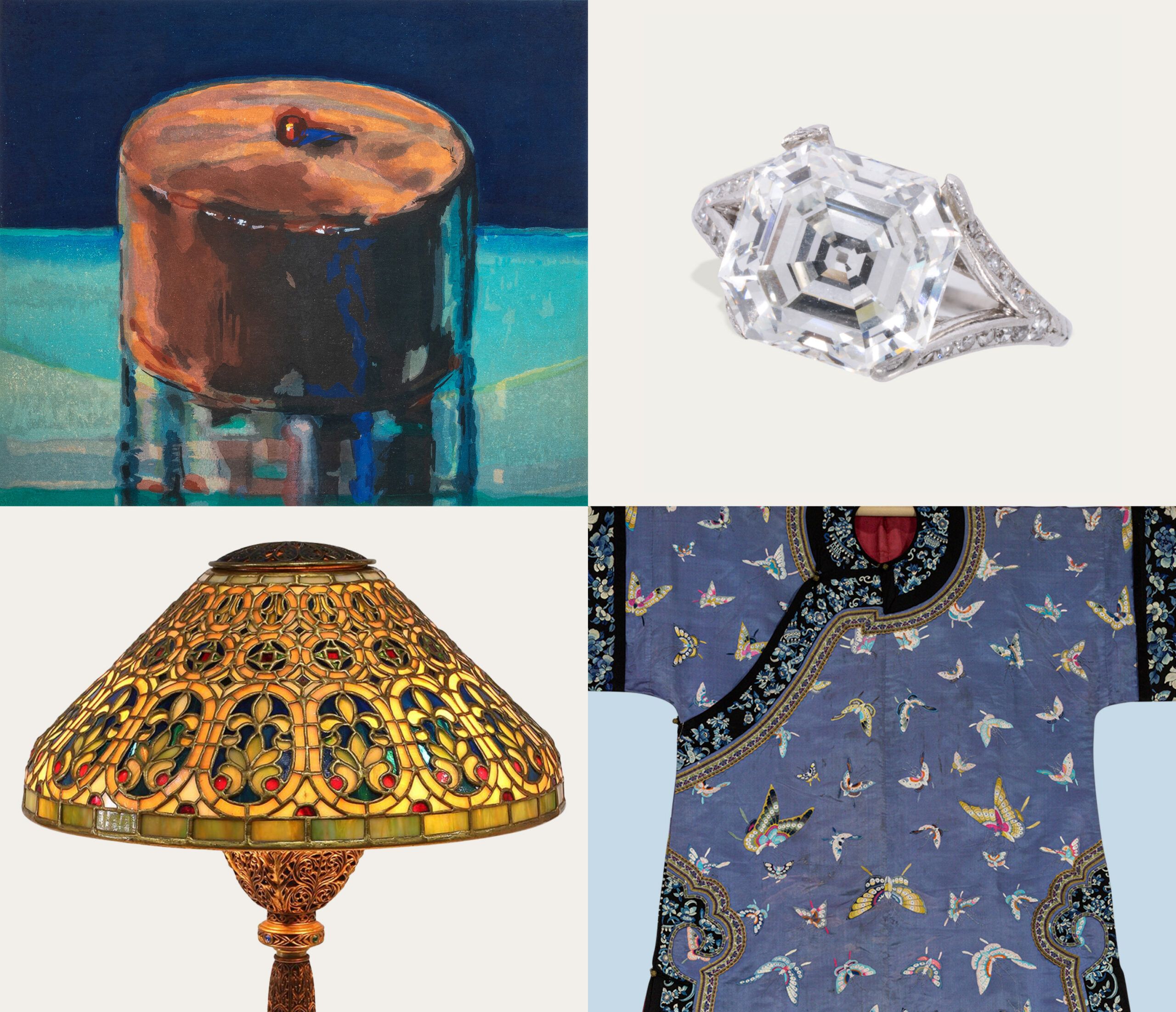 <b>Clockwise:</b> An Art-Deco F, VS2 diamond and platinum ring. <b>Sold: $75,600</b>; A Chinese embroidered  ‘butterfly’ lady’s informal robe. <nobr><b>Sold: $16,380</b>;</nobr> Tiffany Studios, New York, Venetian table lamp, circa 1910. <b>Sold: $106,250</b>; Wayne Thiebaud (American, 1920–2021), <nobr><em>Dark Cake</em>,</nobr> 1983, woodcut in colors on Tosa Koza paper, 15″ x 17.5″. <b>Sold: $22,680</b>