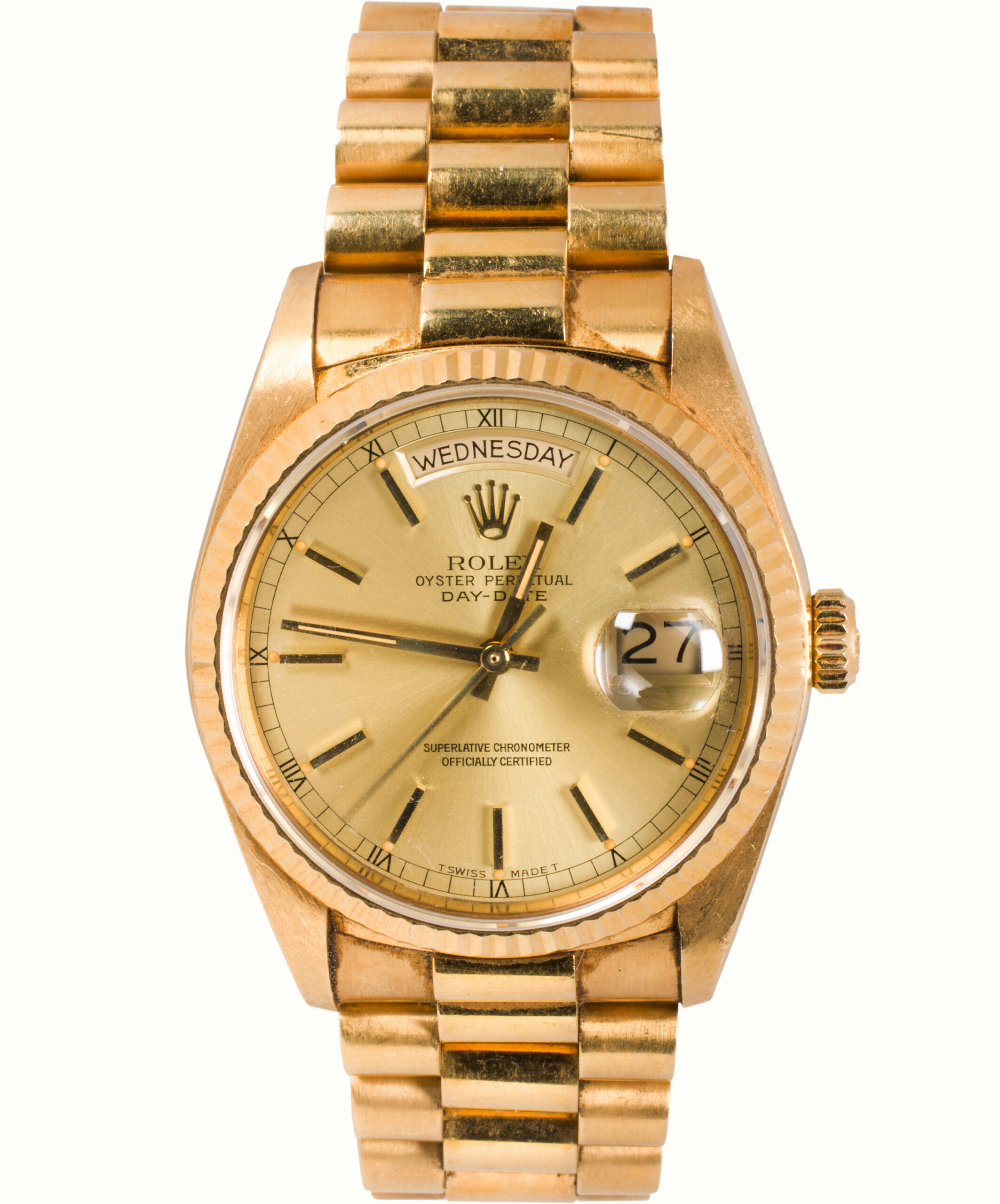A Rolex Presidential Day-Date 18k gold watch. Estimate: $18,000–$25,000