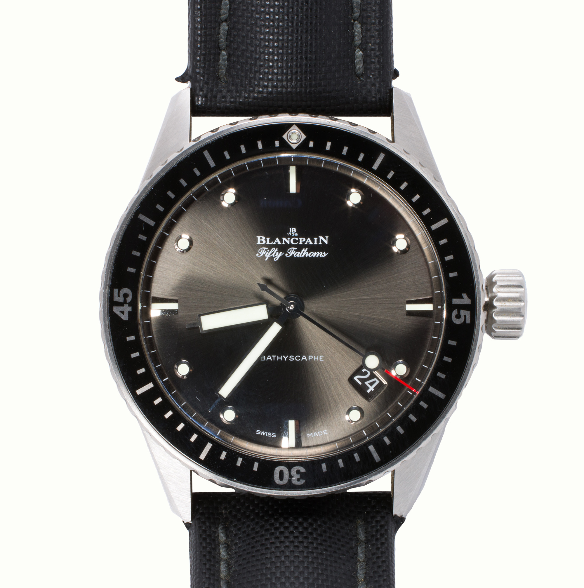 A Blancpain Fifty Fathoms Bathyscaphe stainless steel watch. Estimate: $6,000–$8,000