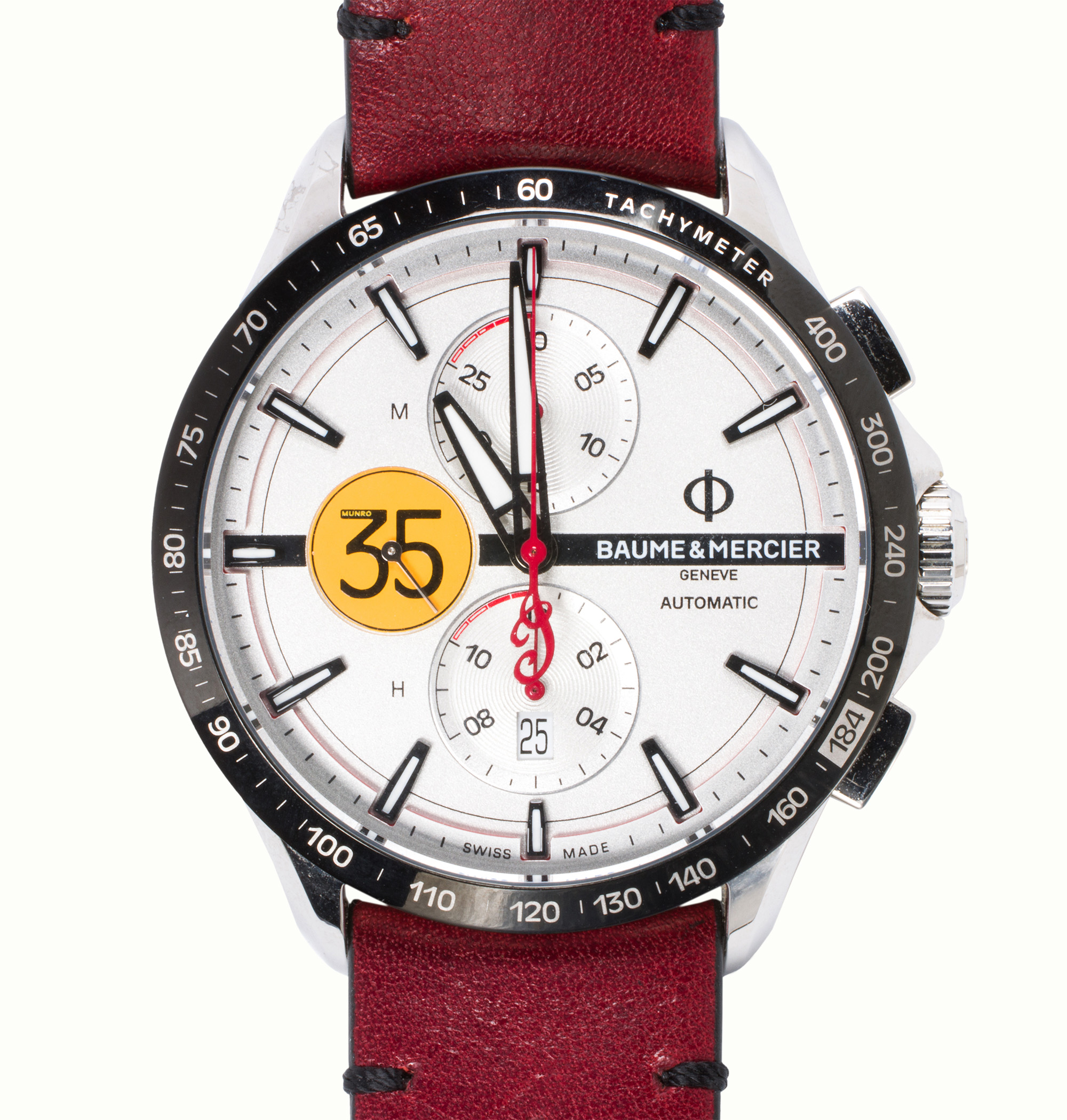 A Baume and Mercier Clifton-Club Indian Motorcycle stainless steel watch. Estimate: $800–$1,200