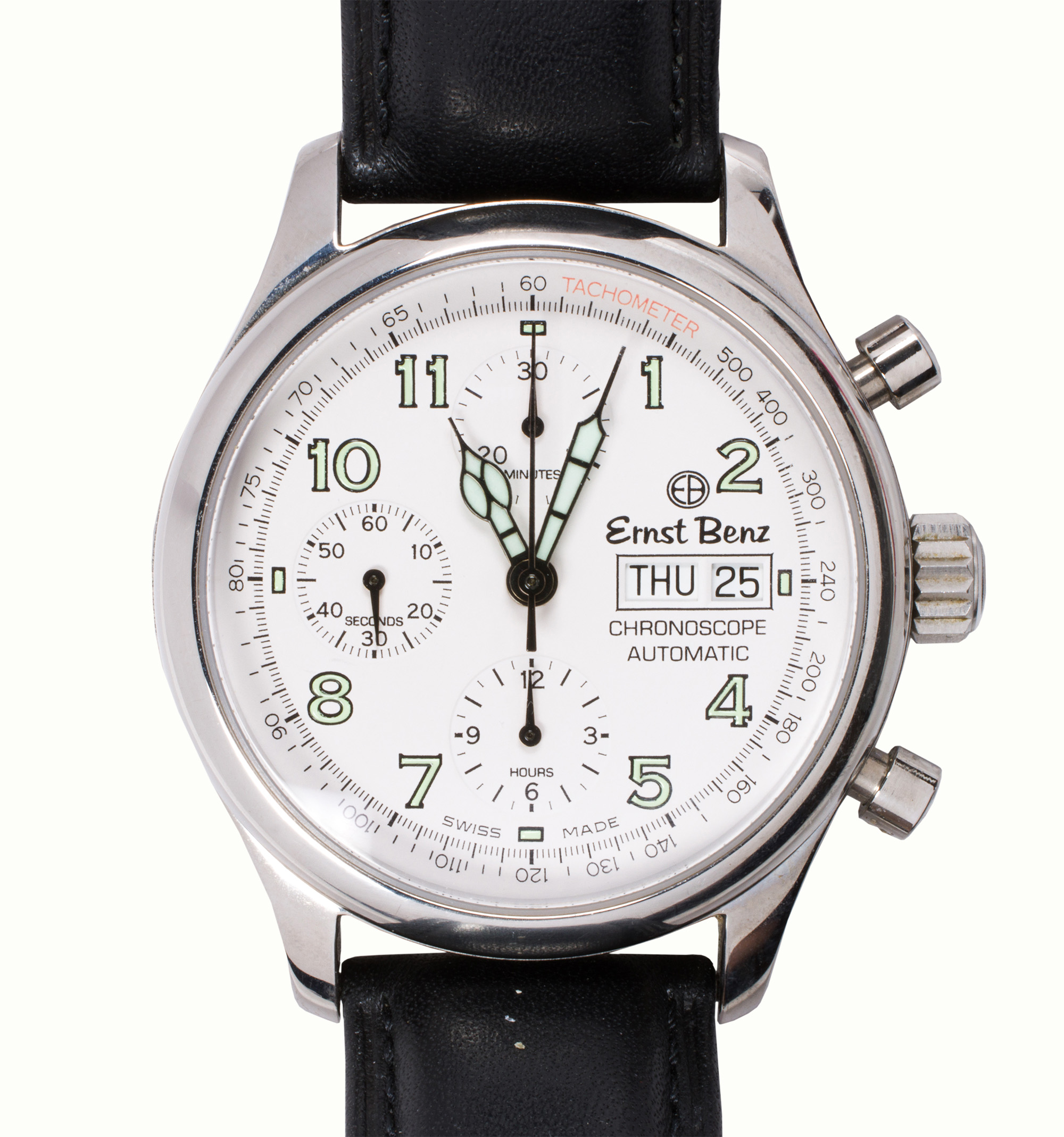 An Ernst Benz Chronoscope stainless steel watch. Estimate: $2,000–$4,000