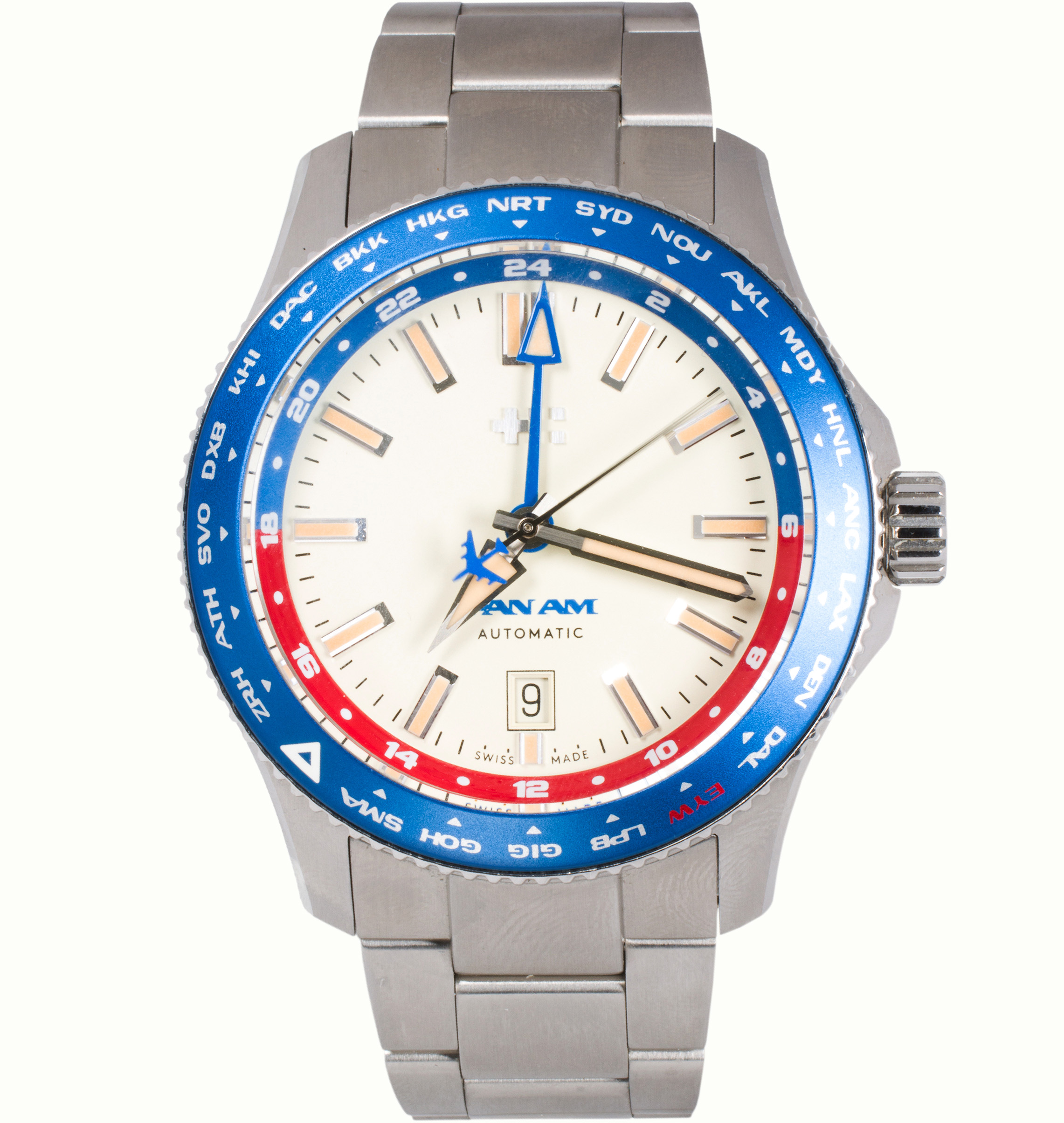 A Christopher Ward special edition Pan Am C60 Clipper GMT stainless steel watch. Estimate: $1,000–$2,000