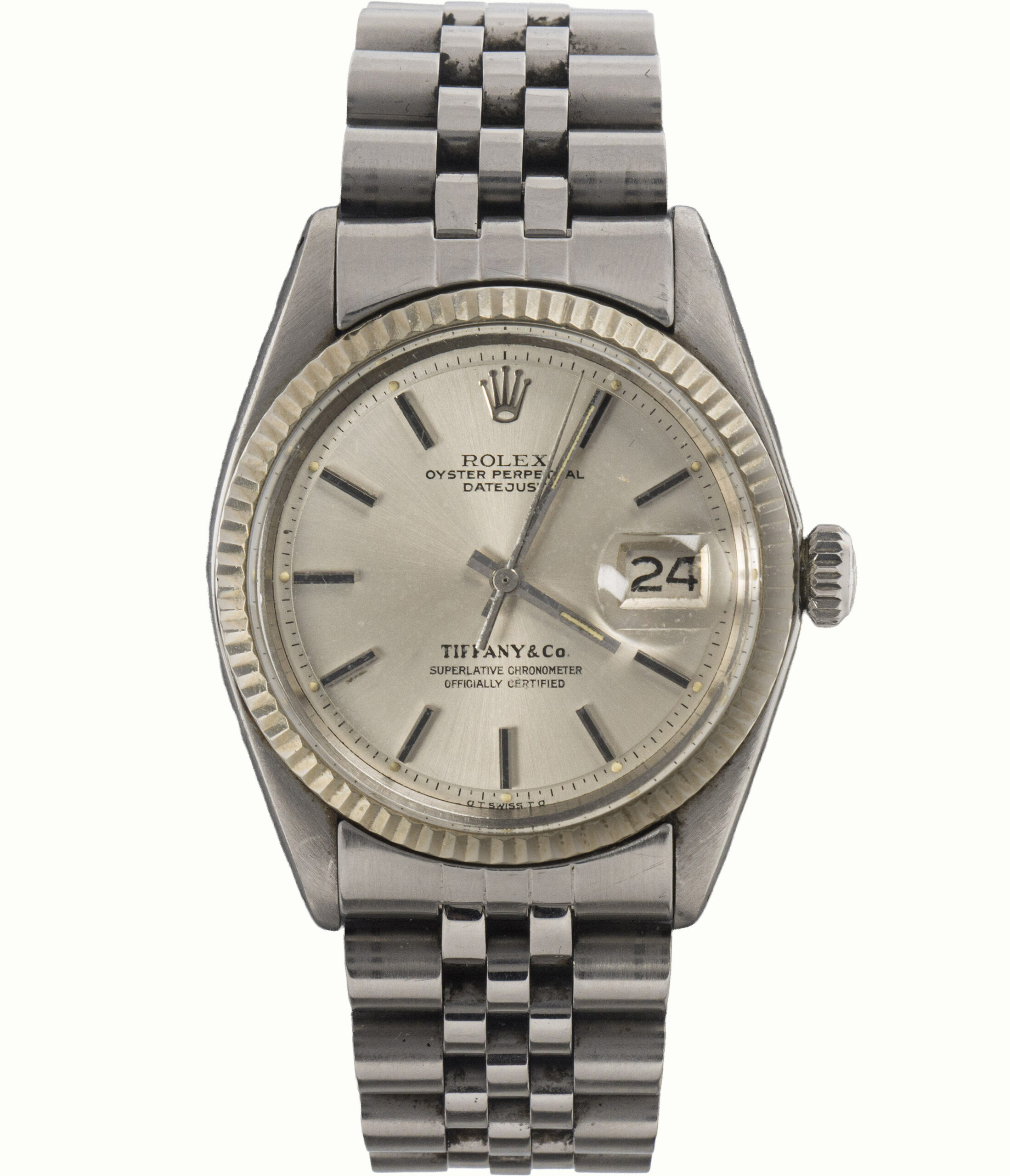 A 1974 Rolex Oyster Perpetual Datejust Tiffany & Co. stainless steel watch. Estimate: $8,000–$12,000