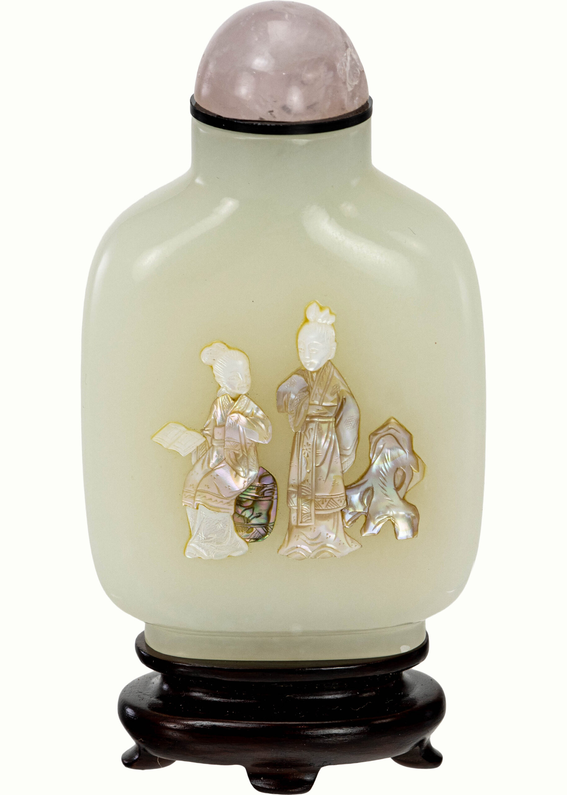 A Chinese white jade snuff bottle with mother-of-pearl inlay. Estimate: $2,500–$3,500