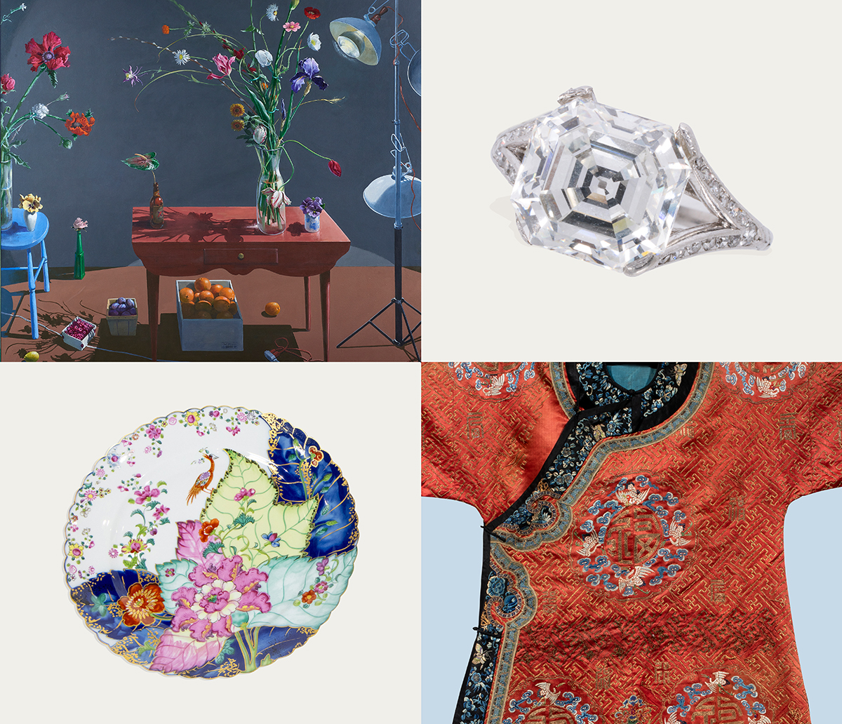 An Art-Deco F, VS2 diamond and platinum ring. Sold: $75,600; A Chinese embroidered lady&rsquo;s robe. Sold: $7,560; A Mottahedeh porcelain dinner service. Provenance: The Estate of Senator Dianne Feinstein. Sold: $7,205; Paul Wonner, Flowers and Boxes of Fruit, 1991, acrylic on canvas, 72″ x 72″. Sold: $125,000