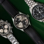 From Left to Right: A Heuer Autavia Jochen stainless steel watch. Estimate: $4,000–$8,000; A Blancpain Fifty Fathoms Bathyscaphe stainless steel watch. Estimate: $6,000–$8,000 An Omega Speedmaster Moonwatch professional stainless steel watch. Estimate: $6,000–$8,000